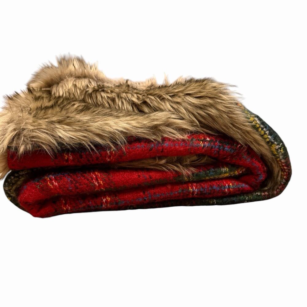 Pottery Barn Stewart Plaid Faux Fur Back Throw Throw Blanket Red Yellow 50x60 - Picture 2 of 7